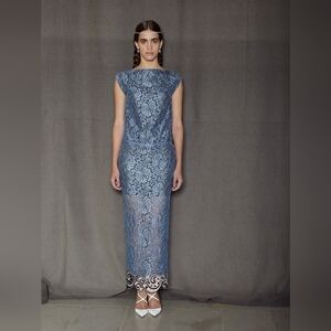 Alessandra Rich Blue Lace Runaway Evening Gown Dress